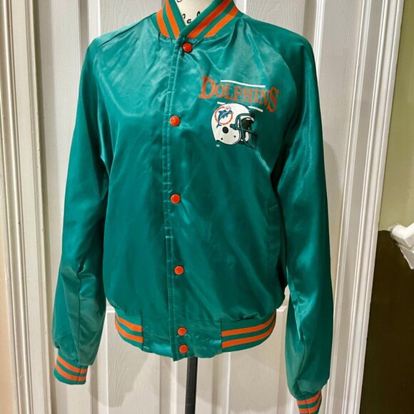 NFL MIAMI DOLPHINS VINTAGE 80’ RETRO BOMBER SATIN JACKET TEAL/ORANGE Sz L TRENDY - Picture 2 of 16